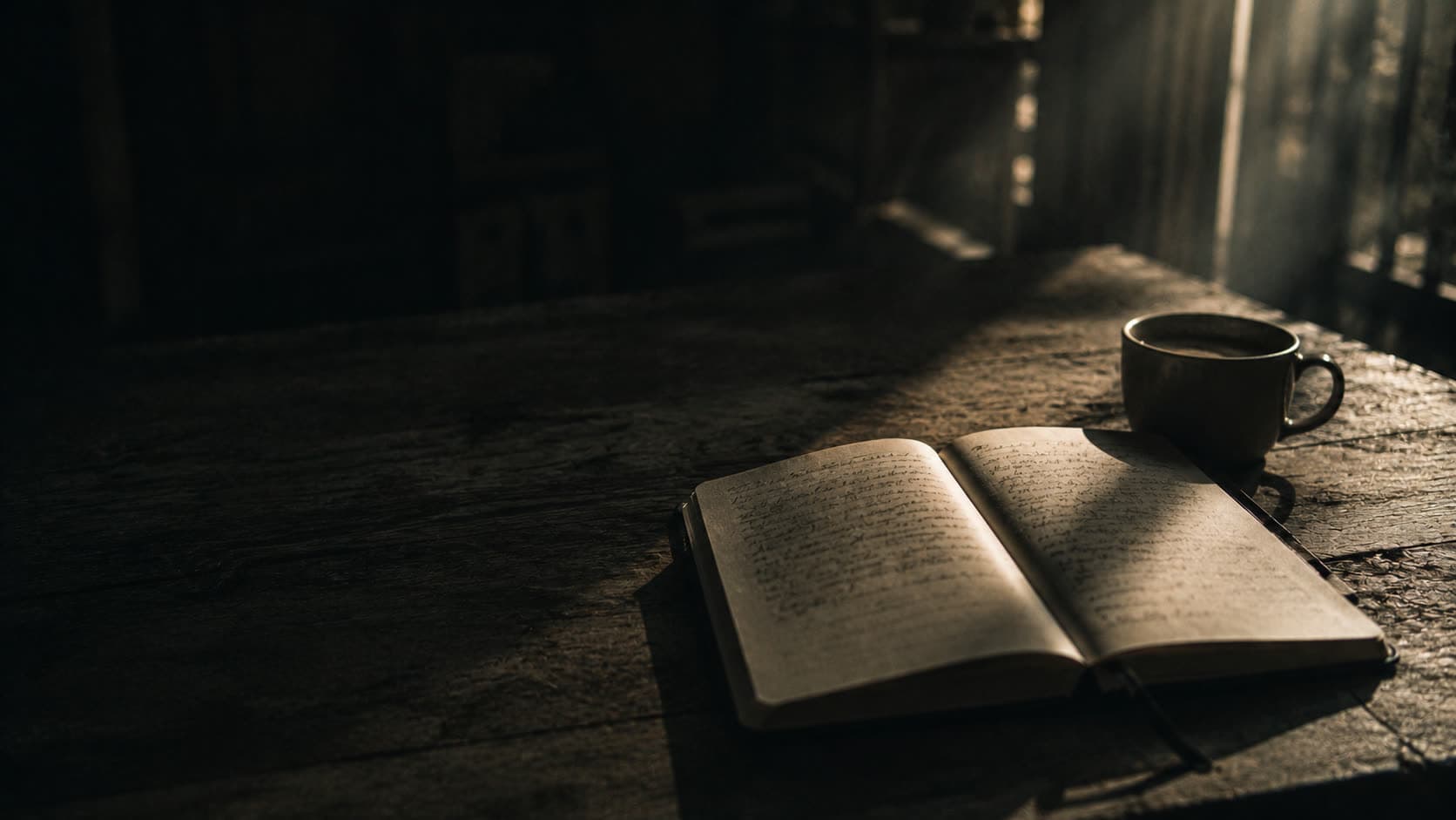 Caderno aberto com anotações à mão ao lado de uma xícara de café