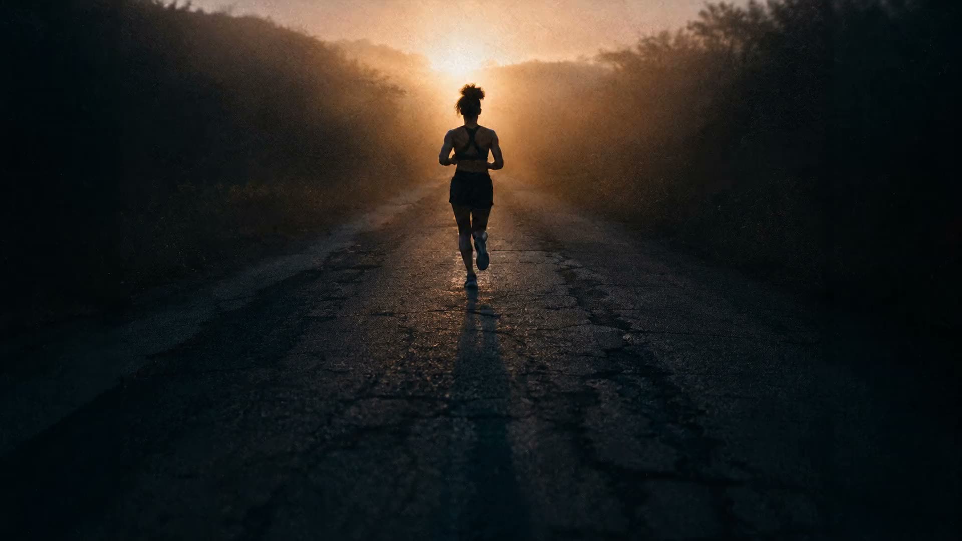 Corredora numa estrada vazia ao amanhecer, em contraluz